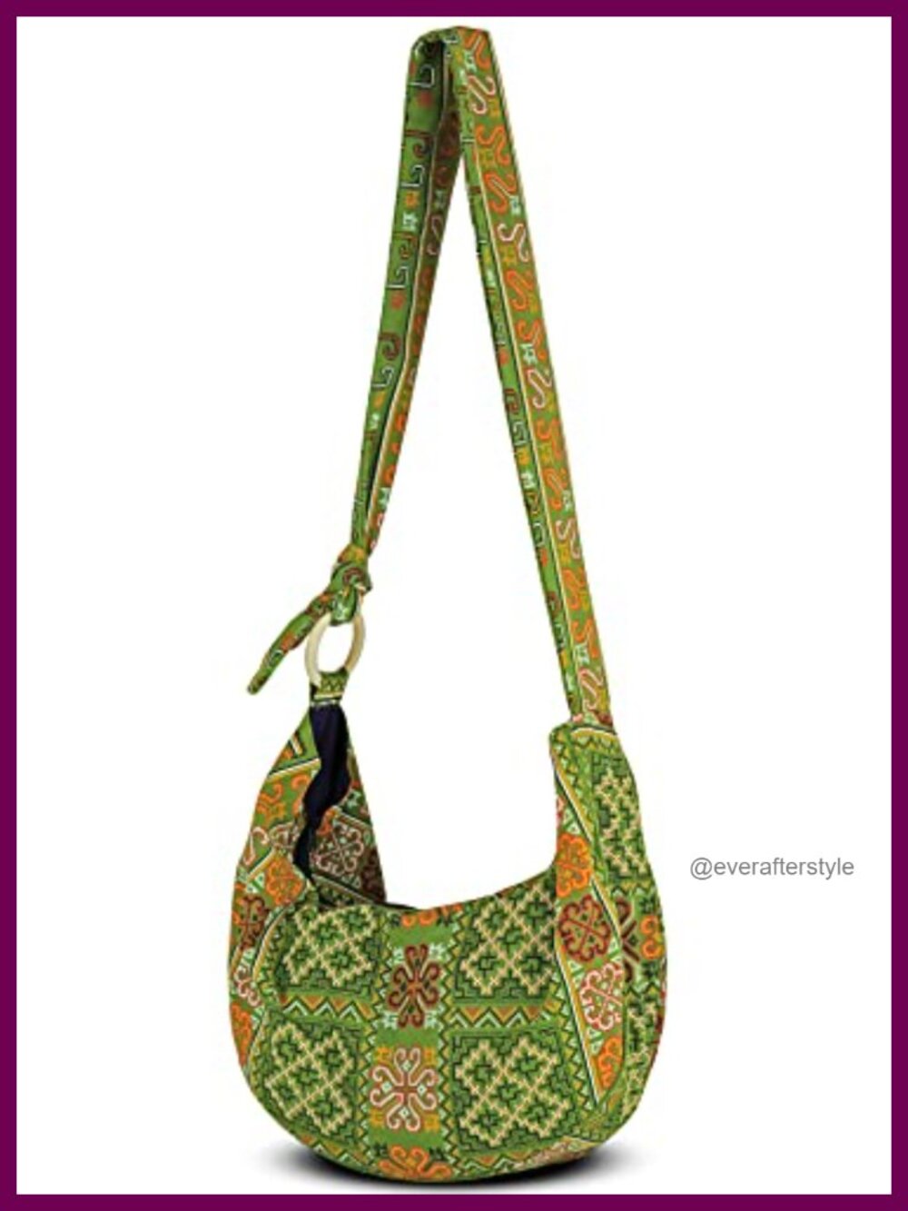 Hobo Crossbody Bag Cotton Boho Purse Wooden Ring Slouchy Shoulder Tote
